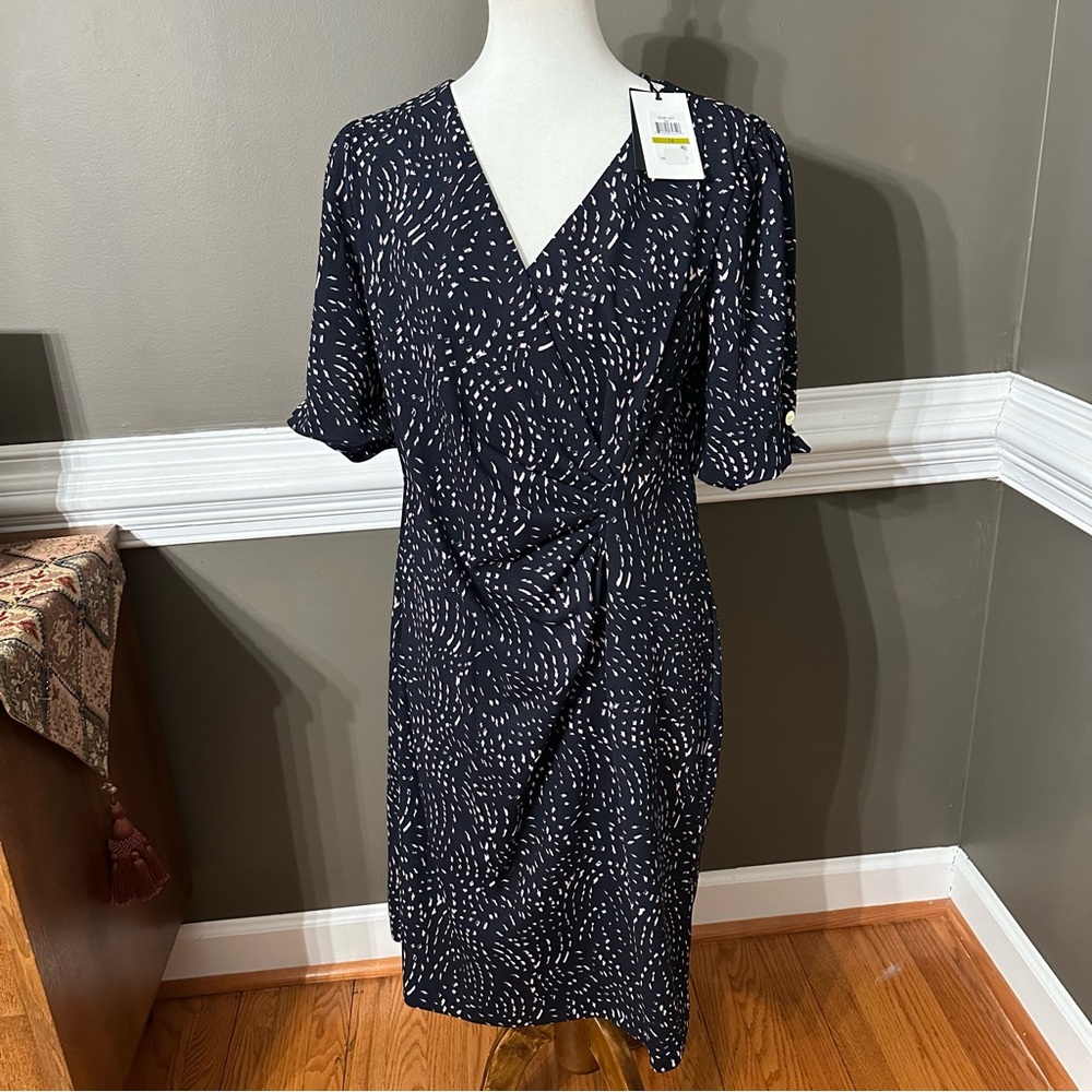 NWT DKNY Navy/Pink button sleeve faux wrap ruched dress